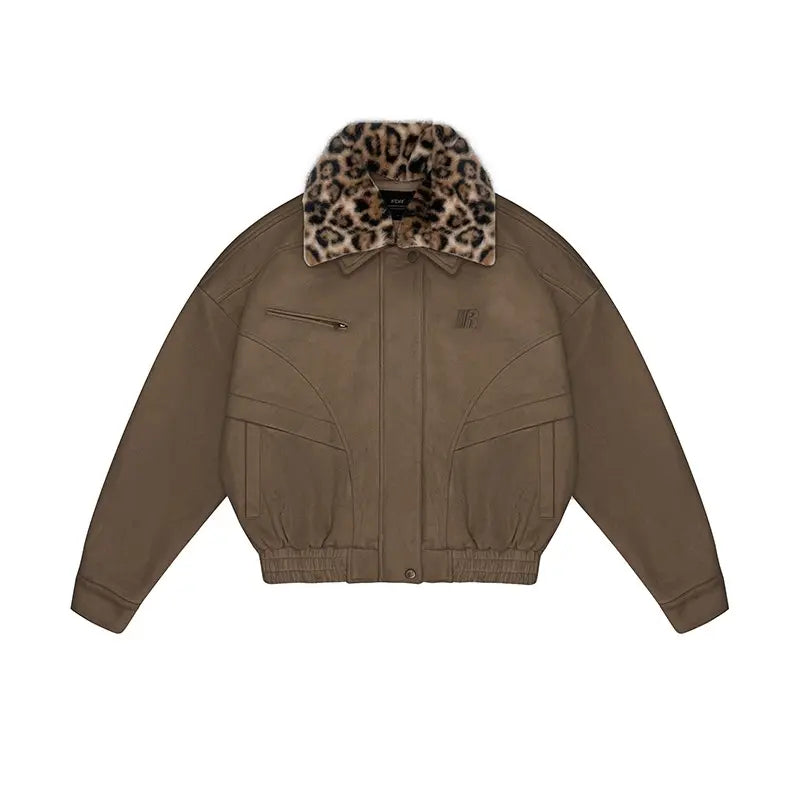 Barn Jacket with Detachable Leopard Collar FDR Unisex Plain Casual Minimalist Loose Fit Women'S Coat Pu Patchwork Trendy Outerwear for Daily Wear Heavyweight Zipper Short Tops Womenswear #Valentinesday #Tiktokshopjumpstartsale #Valentinesdaygift Springsta