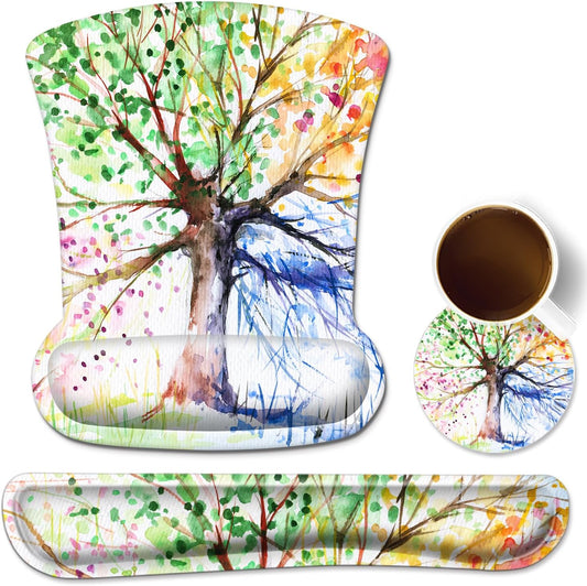 Ergonomic Mouse Pad with Wrist Rest Support and Keyboard Wrist Rest Pad, Cute Wrist Pad with Non-Slip Rubber Base and Raised Memory Foam, Easy Typing & Pain Relief, Four Seasons Tree - Kiki of DC Styles Store