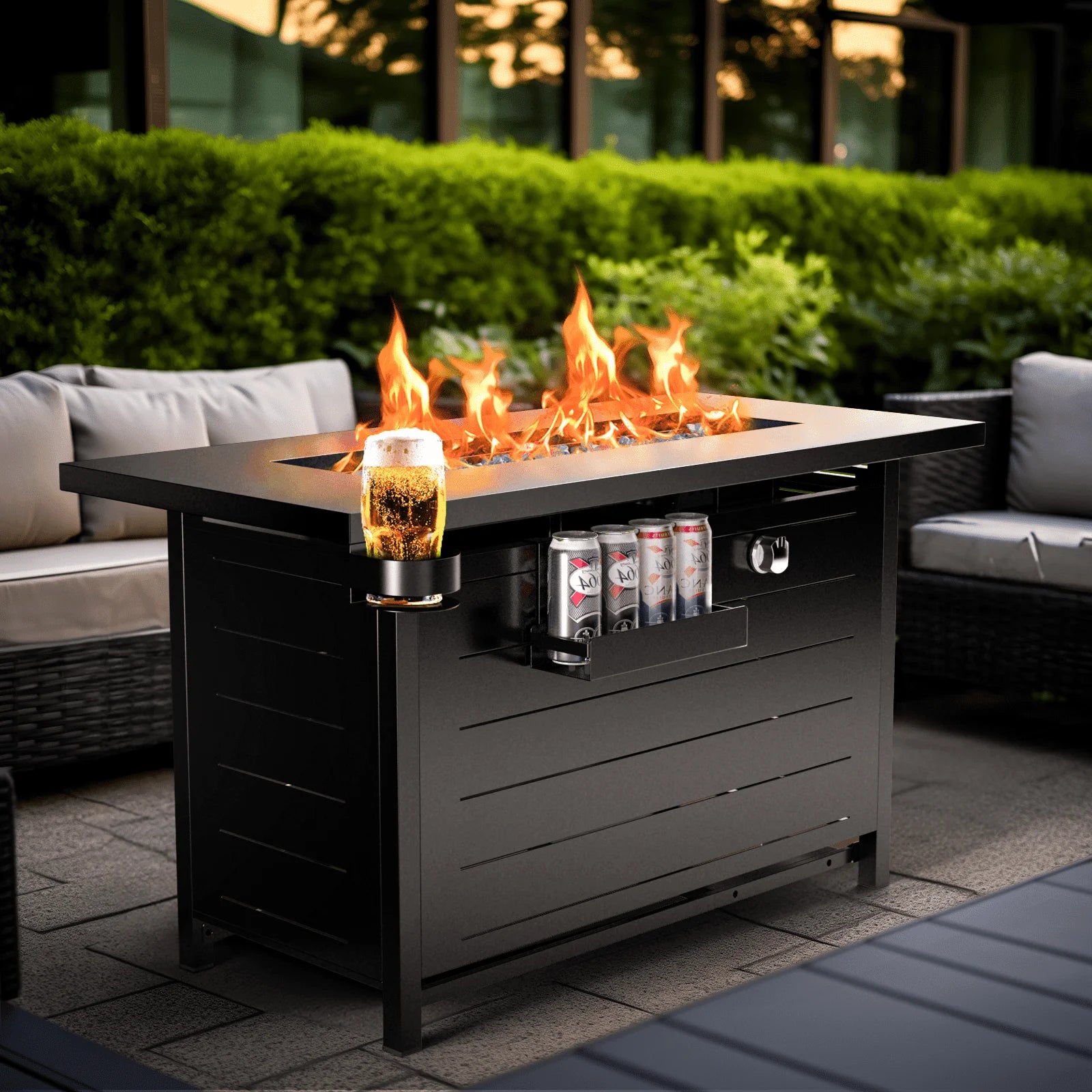 43" Propane Fire Pits for outside 60,000 BTU Gas Fire Pit Table for outside with Lid , Glass Beads, Cup Holders, Hanging Shelf & Nylon Cover, Rectangle - Kiki of DC Styles Store