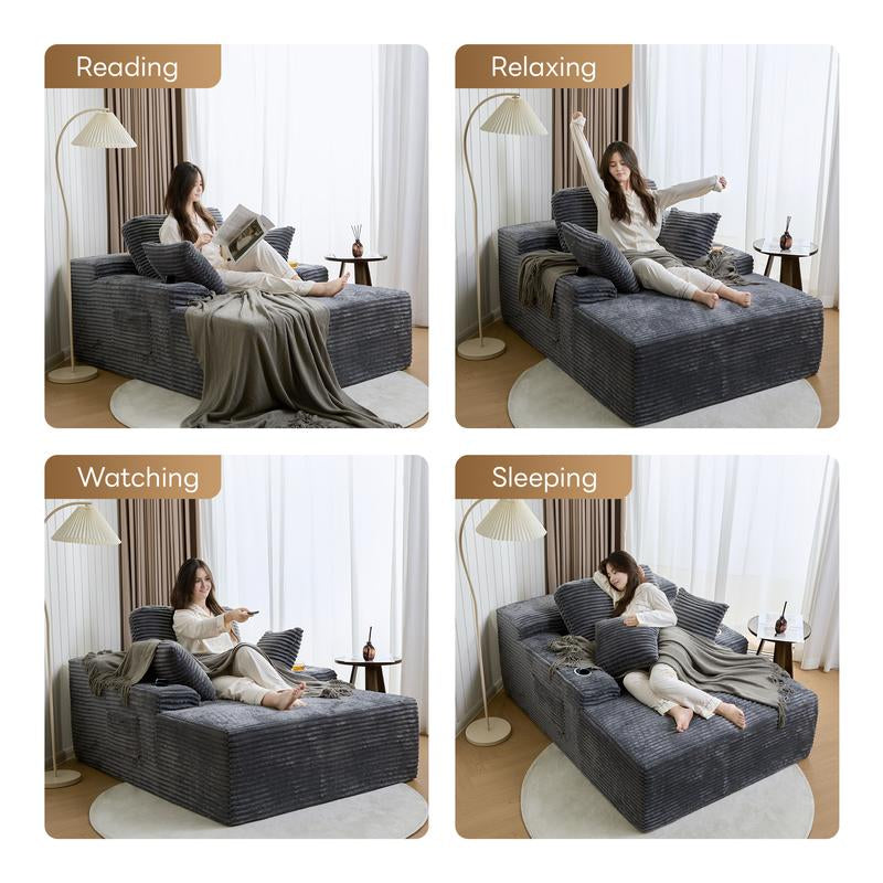 LIKIMIO 49" Oversized Chaise Lounge Sofa Bed with 2 Cup Holders & Storage Pocket - Plush Corduroy Upholstered, No Assembly Cloud Couch for Living Room, Bedroom, or Reading Nook - Kiki of DC Styles Store