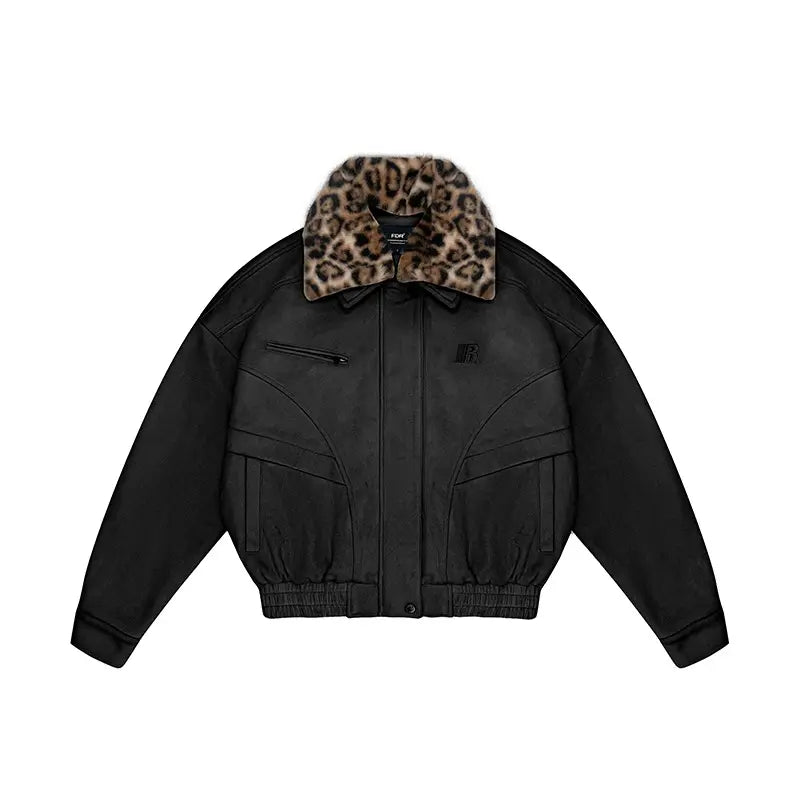 Barn Jacket with Detachable Leopard Collar FDR Unisex Plain Casual Minimalist Loose Fit Women'S Coat Pu Patchwork Trendy Outerwear for Daily Wear Heavyweight Zipper Short Tops Womenswear #Valentinesday #Tiktokshopjumpstartsale #Valentinesdaygift Springsta