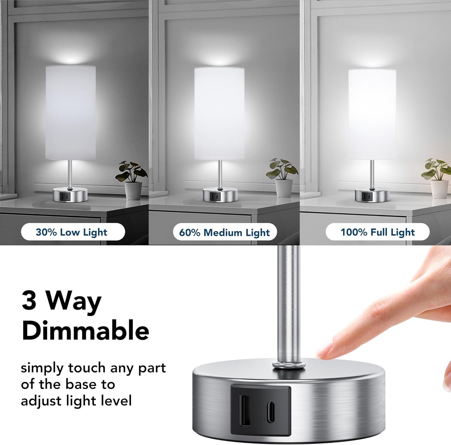 Touch Control Table Lamp Set of 2, 3-Way Dimmable Bedside Nightstand Lamps with 2 USB Ports & 2 AC Outlets, Modern Tabletop Lamps with White Shades, Desk Lamp for Bedroom Living Room, 2 Bulbs Included - Kiki of DC Styles Store