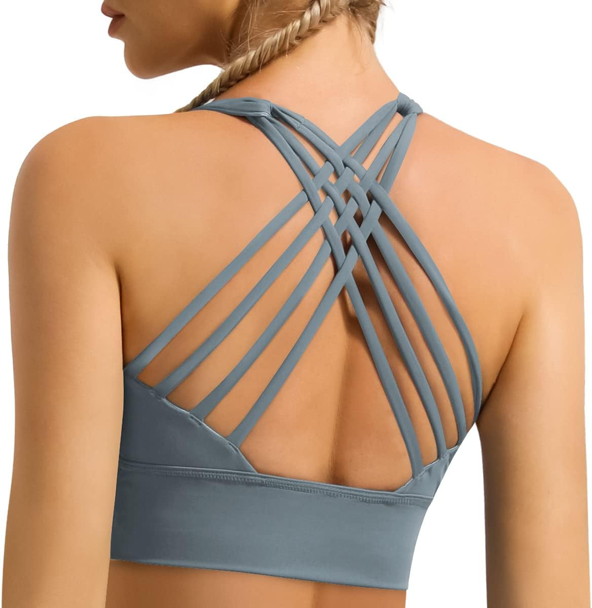 Women'S Strappy Longline Sports Bra Crisscross Back Medium Support Padded Workout Tank Yoga Crop Top - Kiki of DC Styles Store