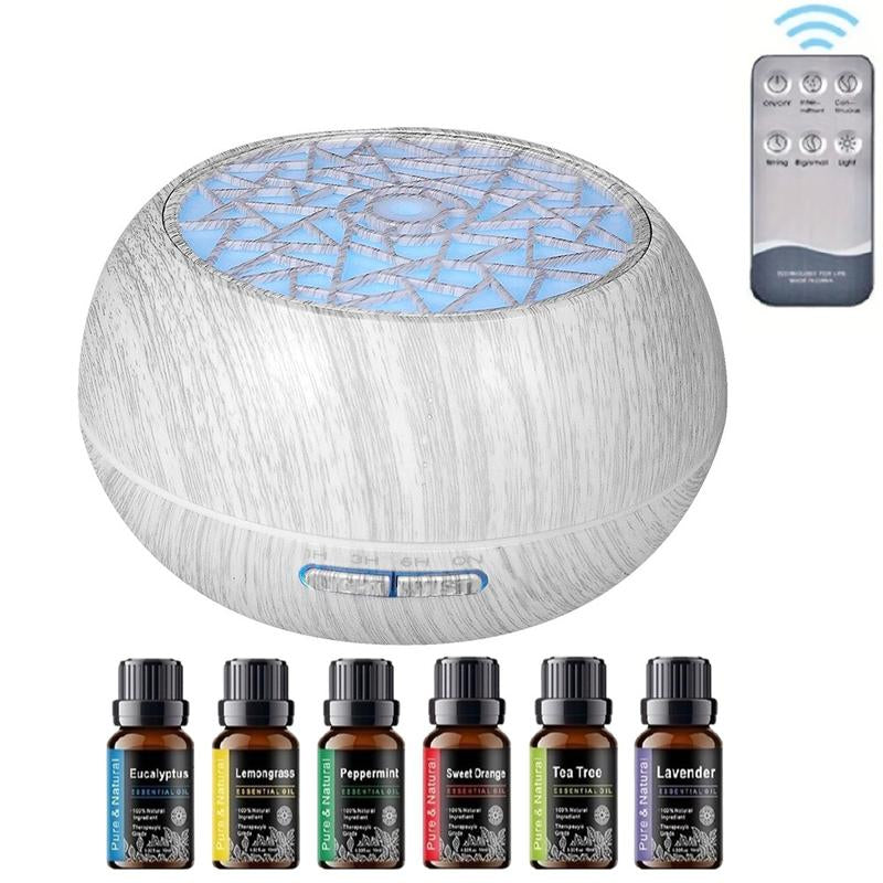 Family-Sized 550ml Ultrasonic Air Humidifier and Aroma Diffuser with Wood Grain Design, Remote Control, 7 LED Mood Lights, and 6 Essential Oils for Home Wellness and Aromatherapy - Kiki of DC Styles Store