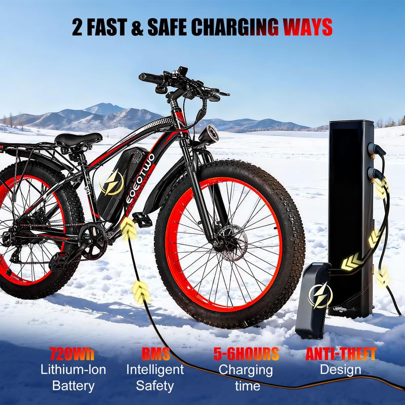 EOEOTWO 1500W Electric Bicycle - 30+ MPH, 70 Miles Range, 48V 15AH Battery, Front Suspension, 26" x 4.0" Tires for Snow & Mountain Riding