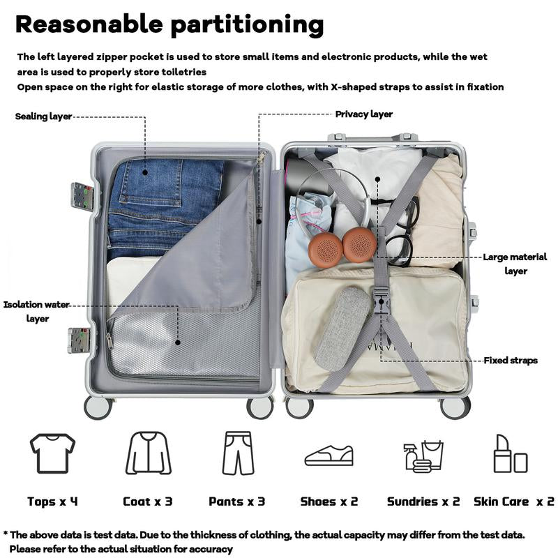 YGL Front Opening Luggage Sets Multifunctional Trolley Case Aluminum Frame Suitcase Set & TSA & Airline Certified Size, Carry-On Suitcase Can Be Used for Vacation, Travel, Business Trip, School and Outdoor Sports Carry-On Suitcase