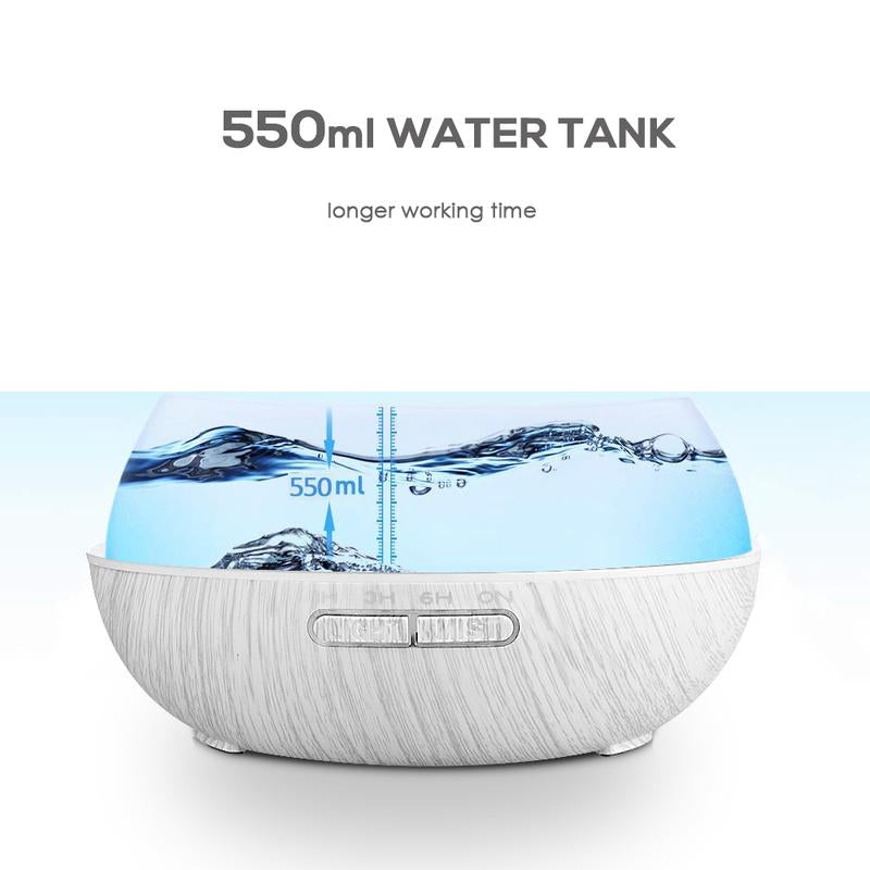 Family-Sized 550ml Ultrasonic Air Humidifier and Aroma Diffuser with Wood Grain Design, Remote Control, 7 LED Mood Lights, and 6 Essential Oils for Home Wellness and Aromatherapy - Kiki of DC Styles Store