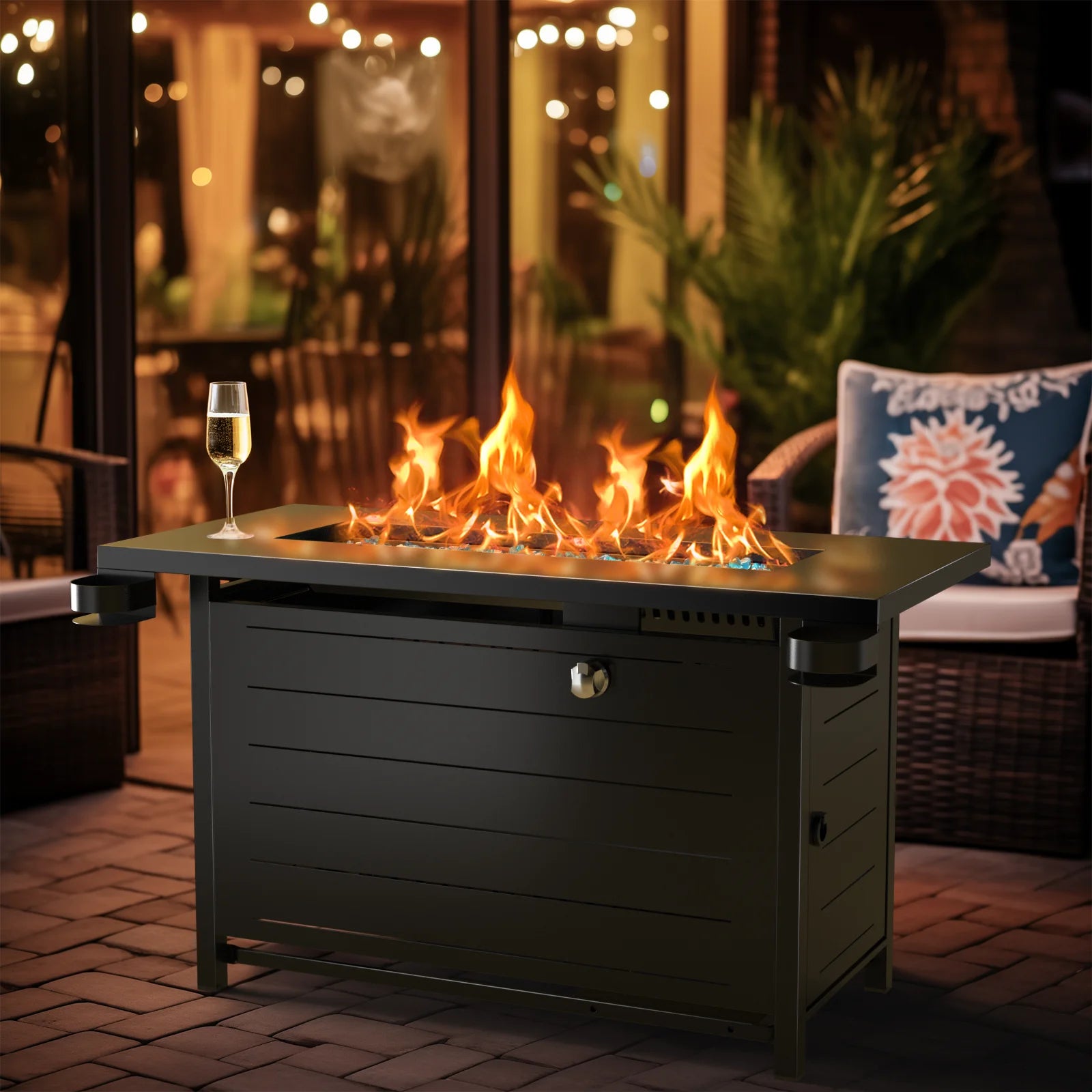 43" Propane Fire Pits for outside 60,000 BTU Gas Fire Pit Table for outside with Lid , Glass Beads, Cup Holders, Hanging Shelf & Nylon Cover, Rectangle - Kiki of DC Styles Store