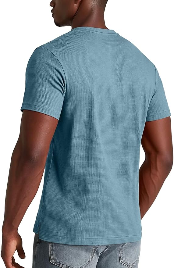Zengjo Men's Waffle Knit Short Sleeve Henley Shirt – Light Blue Regular Fit 3-Button Tee Kiki of DC Styles Store