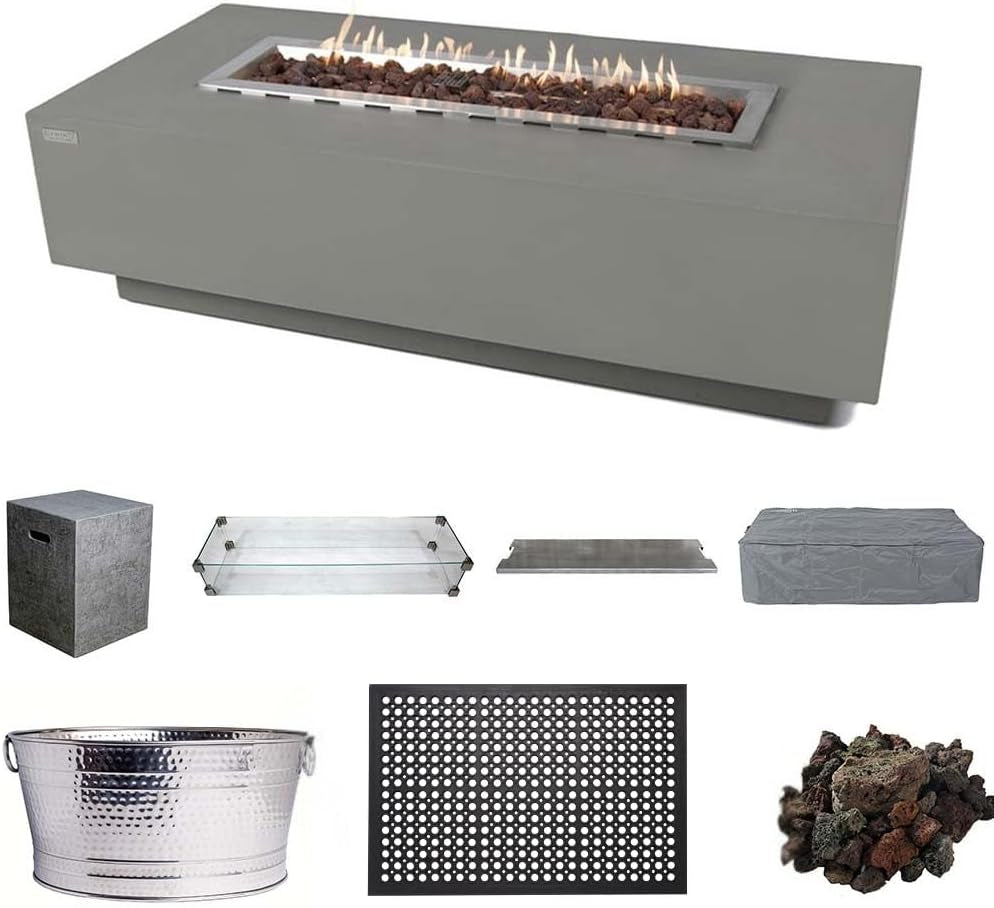 Granville 60" Modern Cast Concrete Fire Table - 45,000 BTU Natural Gas Fire Pit with Decorative Lava Rocks for Ultimate Outdoor Ambiance