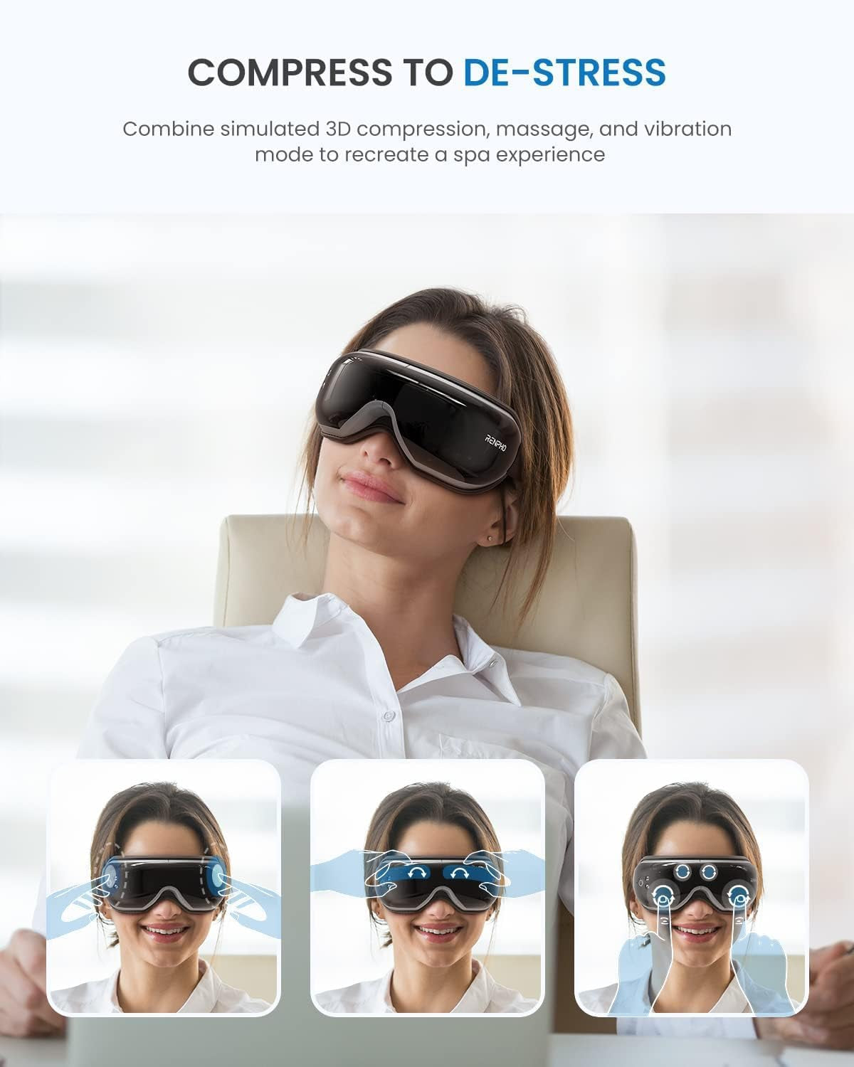 Eye Massager with Heat and Vibration – 5 Massage Modes, Bluetooth Connectivity, Adjustable Headband, USB Rechargeable – Black