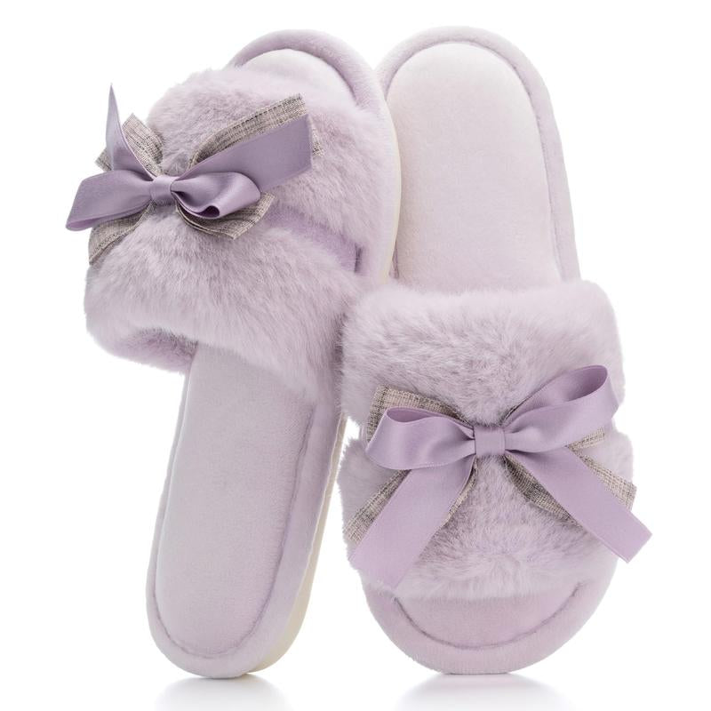 Cute Bow Slippers for Women with Memory Foam Open Toe Fuzzy House Slippers Indoor Outdoor Anti-Skid Soft Birthday Gifts for Women Mom