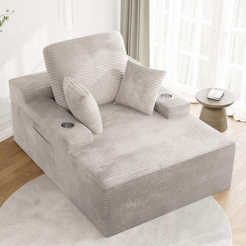 LIKIMIO 49" Oversized Chaise Lounge Sofa Bed with 2 Cup Holders & Storage Pocket - Plush Corduroy Upholstered, No Assembly Cloud Couch for Living Room, Bedroom, or Reading Nook - Kiki of DC Styles Store