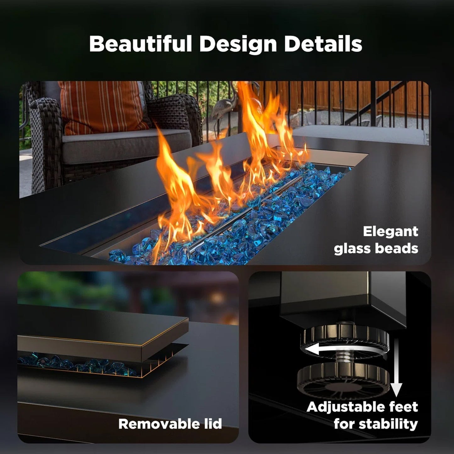 43" Propane Fire Pits for outside 60,000 BTU Gas Fire Pit Table for outside with Lid , Glass Beads, Cup Holders, Hanging Shelf & Nylon Cover, Rectangle - Kiki of DC Styles Store