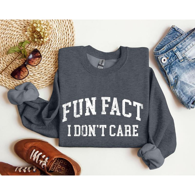Sarcastic "Fun Fact: I Don't Care" Funny Women's Crew Neck Sweatshirt - Perfect for College Days!