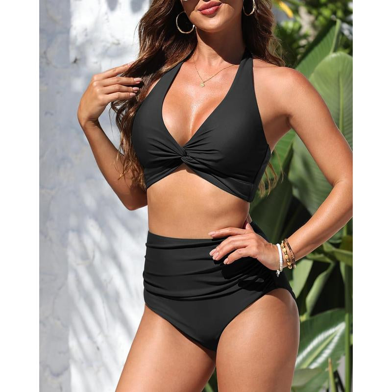 Women High Waisted Bikini Set - Tummy Control Two Piece Swimsuit Twist Front Halter Bathing Suit 2025 Swimwear Dealsforyoudays