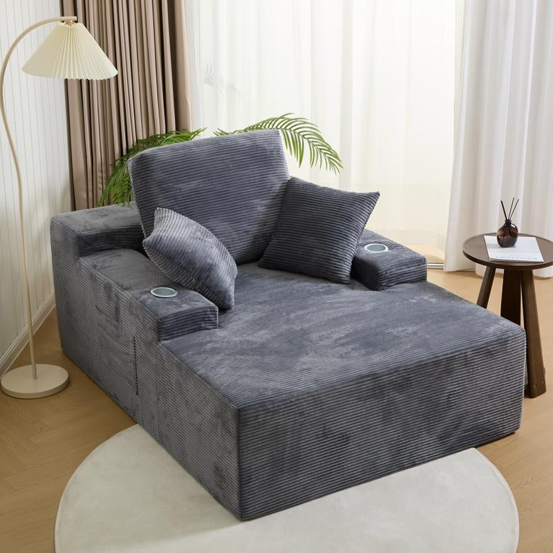 LIKIMIO 49" Oversized Chaise Lounge Sofa Bed with 2 Cup Holders & Storage Pocket - Plush Corduroy Upholstered, No Assembly Cloud Couch for Living Room, Bedroom, or Reading Nook - Kiki of DC Styles Store