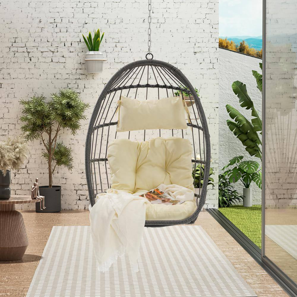 Modern Outdoor Garden Wood Rattan Egg Swing Chair Hanging Chair Porch Swing with Beige Cushion - Kiki of DC Styles Store