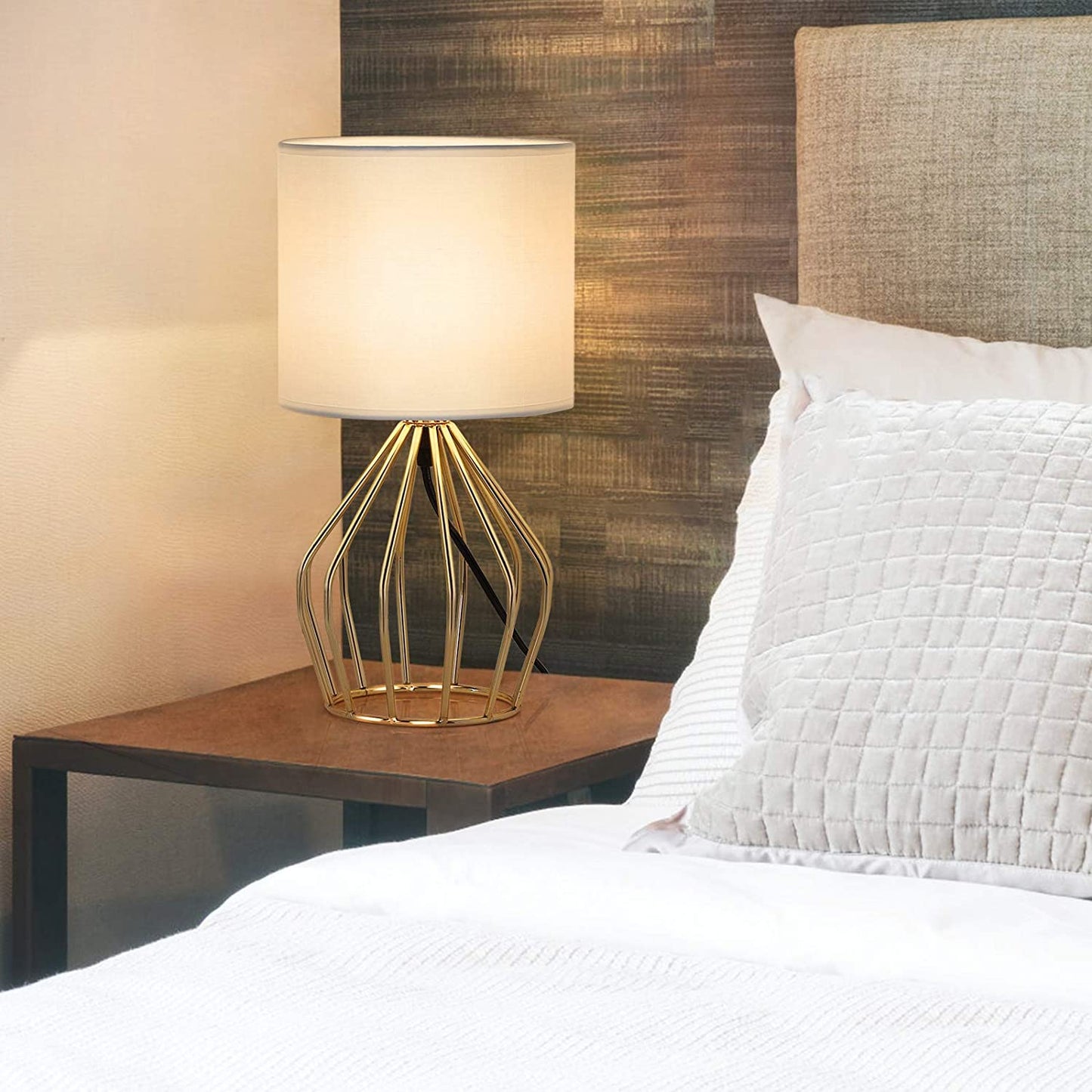 Gold Table Lamp - Modern Style Desk Lamp with Hollowed Out Base Linen Fabric Shade, Small Golden Bedside Lamp for Bedrooms, Living Room - Kiki of DC Styles Store