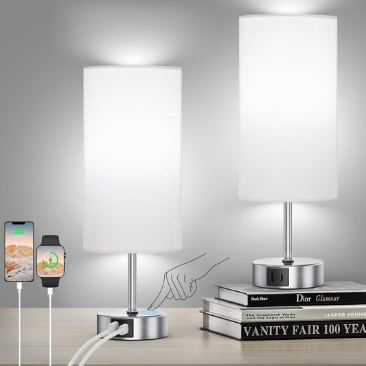 Touch Control Table Lamp Set of 2, 3-Way Dimmable Bedside Nightstand Lamps with 2 USB Ports & 2 AC Outlets, Modern Tabletop Lamps with White Shades, Desk Lamp for Bedroom Living Room, 2 Bulbs Included - Kiki of DC Styles Store