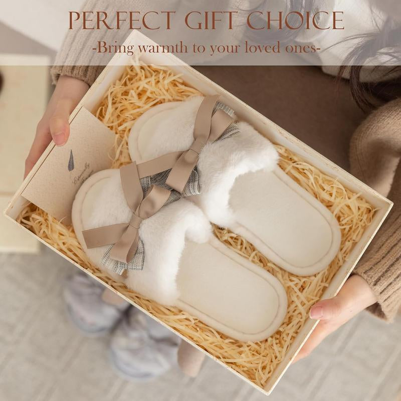 Cute Bow Slippers for Women with Memory Foam Open Toe Fuzzy House Slippers Indoor Outdoor Anti-Skid Soft Birthday Gifts for Women Mom