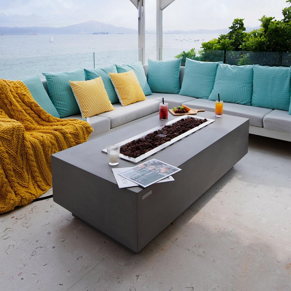 Granville 60" Modern Cast Concrete Fire Table - 45,000 BTU Natural Gas Fire Pit with Decorative Lava Rocks for Ultimate Outdoor Ambiance