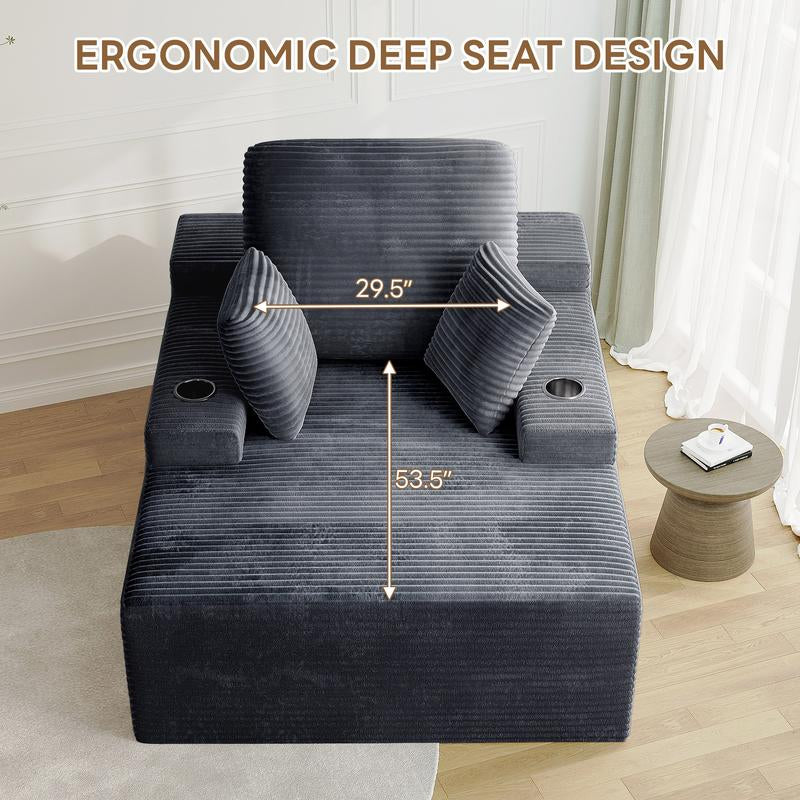 LIKIMIO 49" Oversized Chaise Lounge Sofa Bed with 2 Cup Holders & Storage Pocket - Plush Corduroy Upholstered, No Assembly Cloud Couch for Living Room, Bedroom, or Reading Nook - Kiki of DC Styles Store