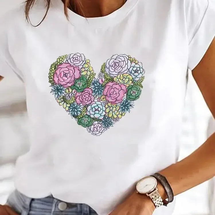 New in Y2k Love Heart Print Women Summer T Shirt Girl O Neck Funny Y2K Tops Tee Female 90s Casual Clothing