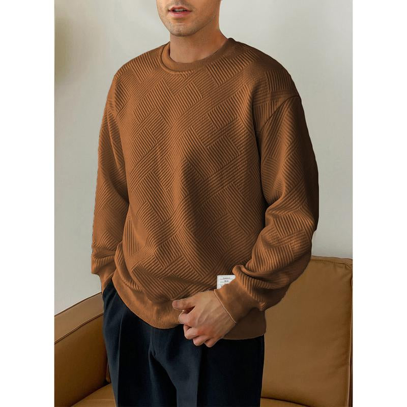 Dokotoo Men's Stylish Crewneck Sweatshirt - Long Sleeve Solid Color Pullover with Geometric Texture