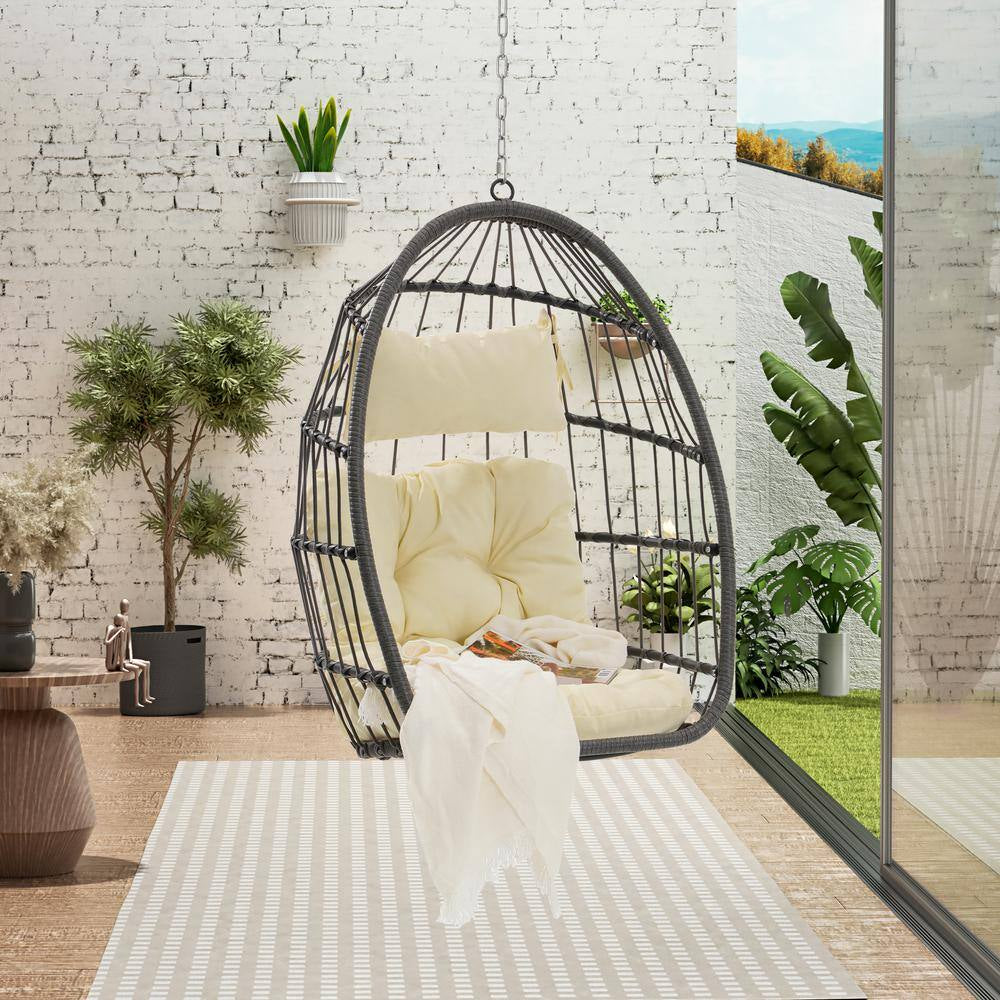 Modern Outdoor Garden Wood Rattan Egg Swing Chair Hanging Chair Porch Swing with Beige Cushion - Kiki of DC Styles Store