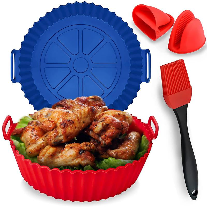 Air Fryer Silicone Liners Pack of 2 with Brush & Holding Gloves, Basket Bowl, Replacement of Flammable Parchment Paper, Reusable Fruit Kitchen Oil Pot - Kiki of DC Styles Store