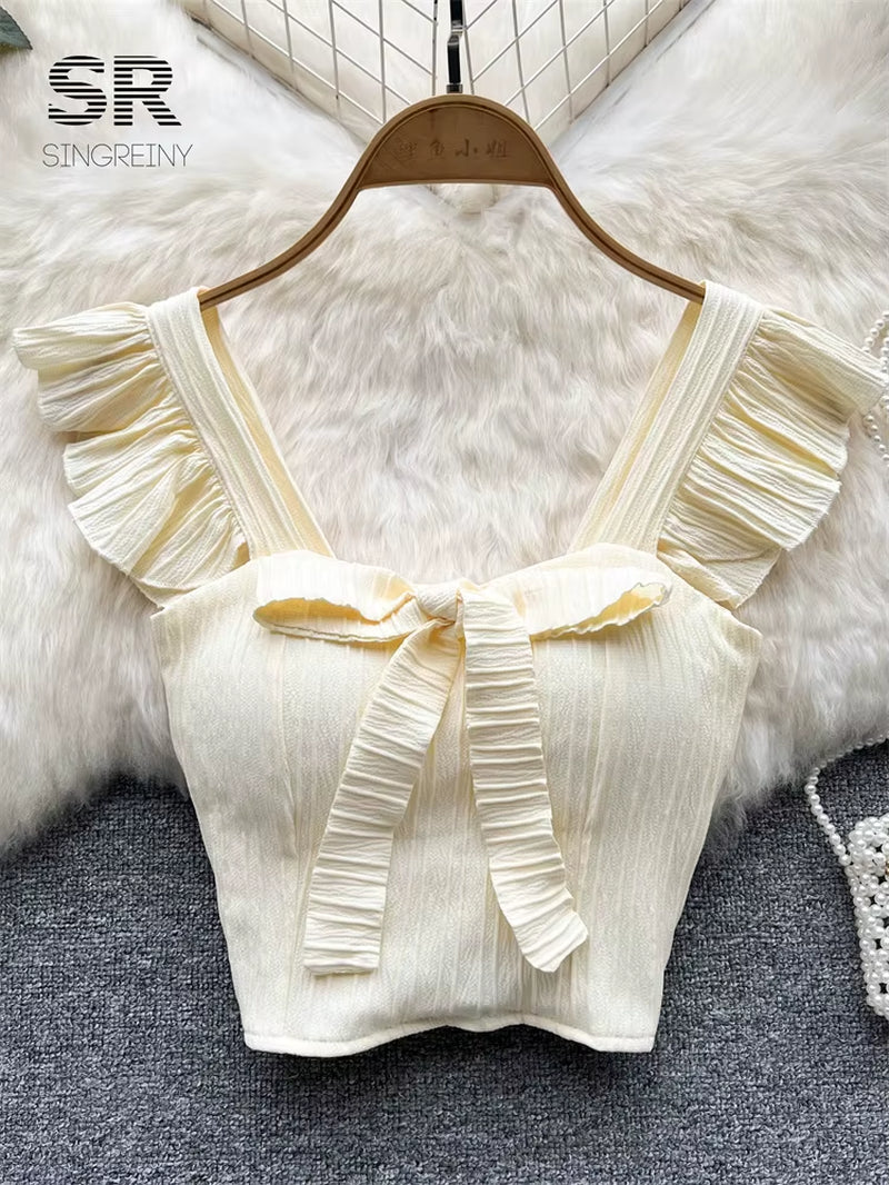 Elevate Your Summer Wardrobe with Our Chic Ruffled Camisole Featuring a Stylish Square Neck and Adorable Bow - Perfect for Casual Outings!