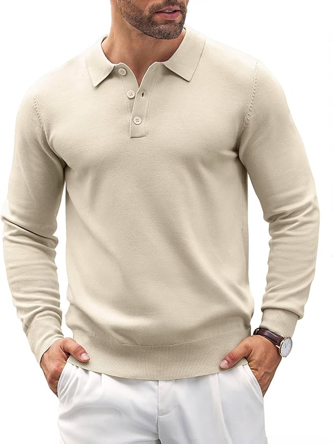 COOFANDY Long Sleeve Polo Shirts for Men Knit Polo Sweater Lightweight Ribbed Pullover Sweater Kiki of DC Styles Store