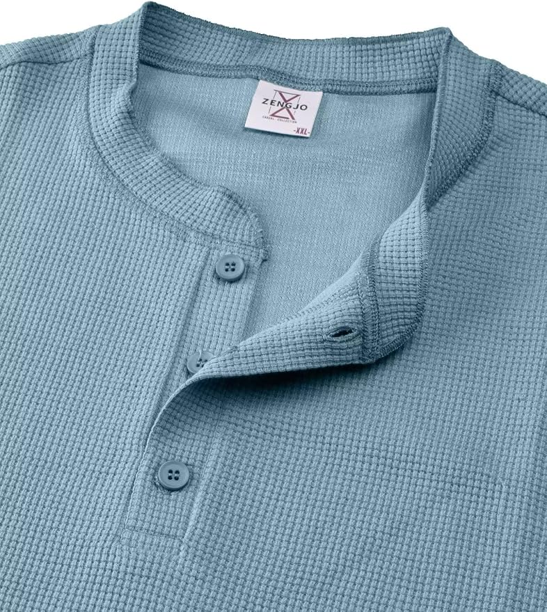 Zengjo Men's Waffle Knit Short Sleeve Henley Shirt – Light Blue Regular Fit 3-Button Tee Kiki of DC Styles Store