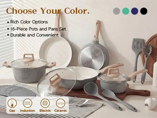 FDN 16-Pc Aesthetic Cookware Collection, Non-Toxic Pfas-Free Titanium Caremic Granite Pots and Pans Set, Easy-Clean Oven & Dishwasher Safe, Induction Ready Cooking Set with 10" (24Cm) Fry Pan, Glass Lids, Kitchen Utensils, Aluminium, Deals for You