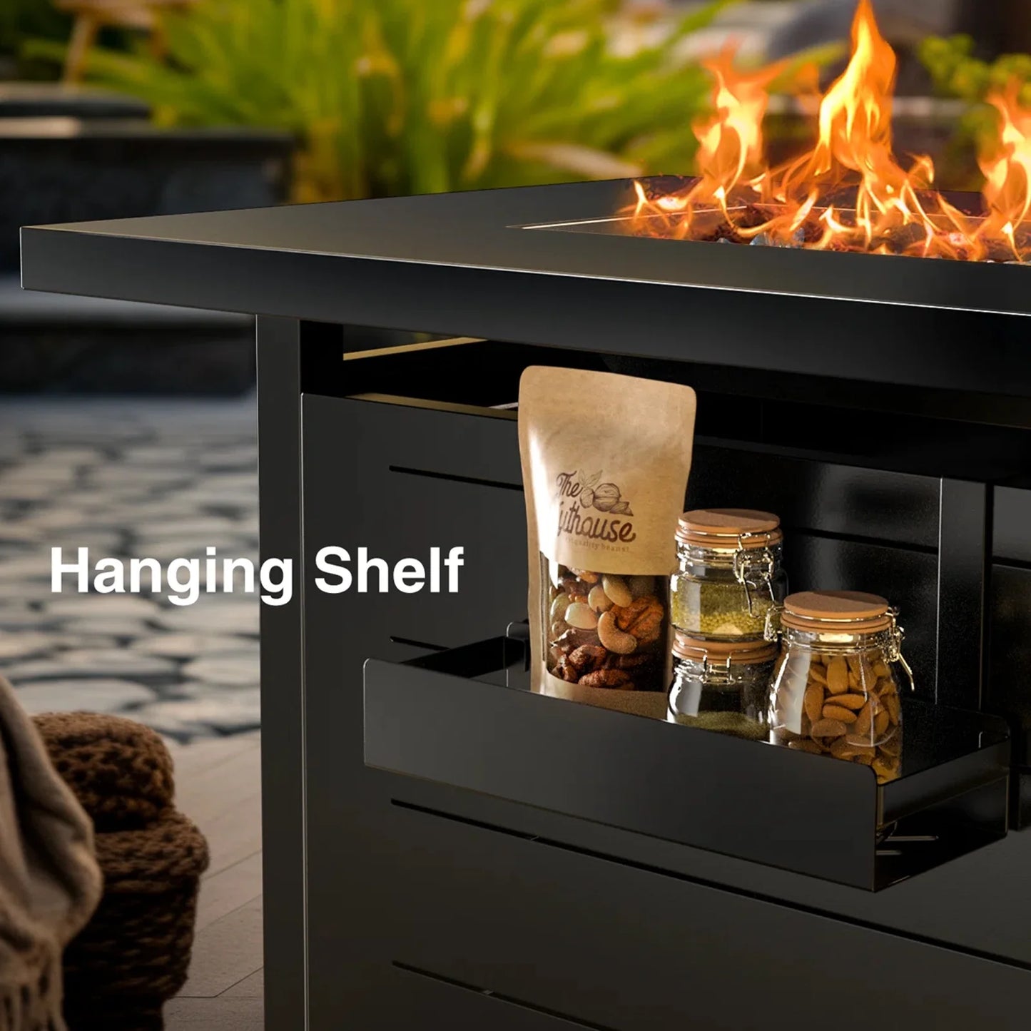 43" Propane Fire Pits for outside 60,000 BTU Gas Fire Pit Table for outside with Lid , Glass Beads, Cup Holders, Hanging Shelf & Nylon Cover, Rectangle - Kiki of DC Styles Store