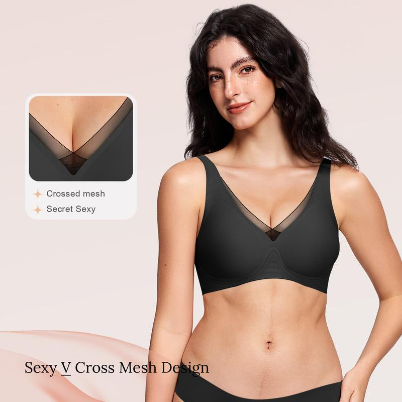 OEAK Deep V Mesh Wireless Bras for Women No Underwear Seamless Push up Comfortable Tshirt Bralettes Everyday Bra - Kiki of DC Styles Store