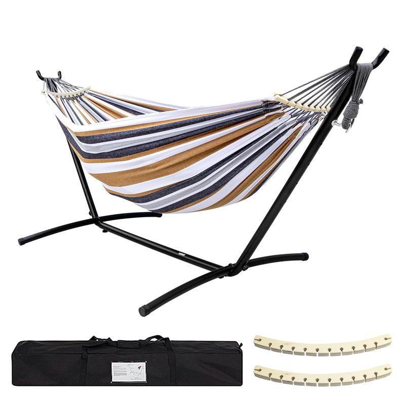 Double Hammock Set with Steel Stand,Brazilian Style Double Hammock Set with Steel Stand 450Lb Capacity Steel Stand, Premium Carry Bag Included, for Backyard, Camping,Garden Double Hammock Canvas Outdoor Patio,Heavy Duty Portable Hammock Stand - Kiki of DC Styles Store