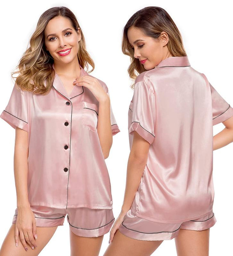 Womens Silk Satin Pajamas Short Sleeve Loungewear Two-Piece Sleepwear Pj Set D1 - Kiki of DC Styles Store