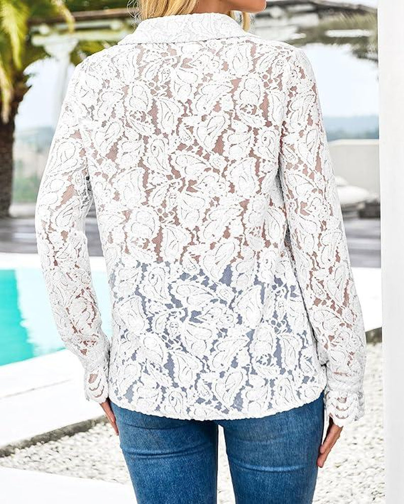 BTFBM Women'S Lace Blouses Long Sleeve Button down Tops 2025 Fall Fashion Shirt - Kiki of DC Styles Store