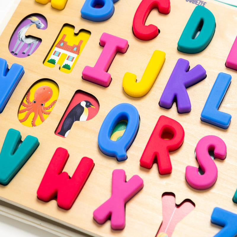 Domino & Juliette ABC Find & Fit Silicone Puzzle for Toddlers & Kids – Play & Learn with ABC Wooden and Silicone Toddler Puzzle Set with Storage Bag for Fine Motor Skills & Visual Perception Development - Preschool Learning Activity - Kiki of DC Styles Store