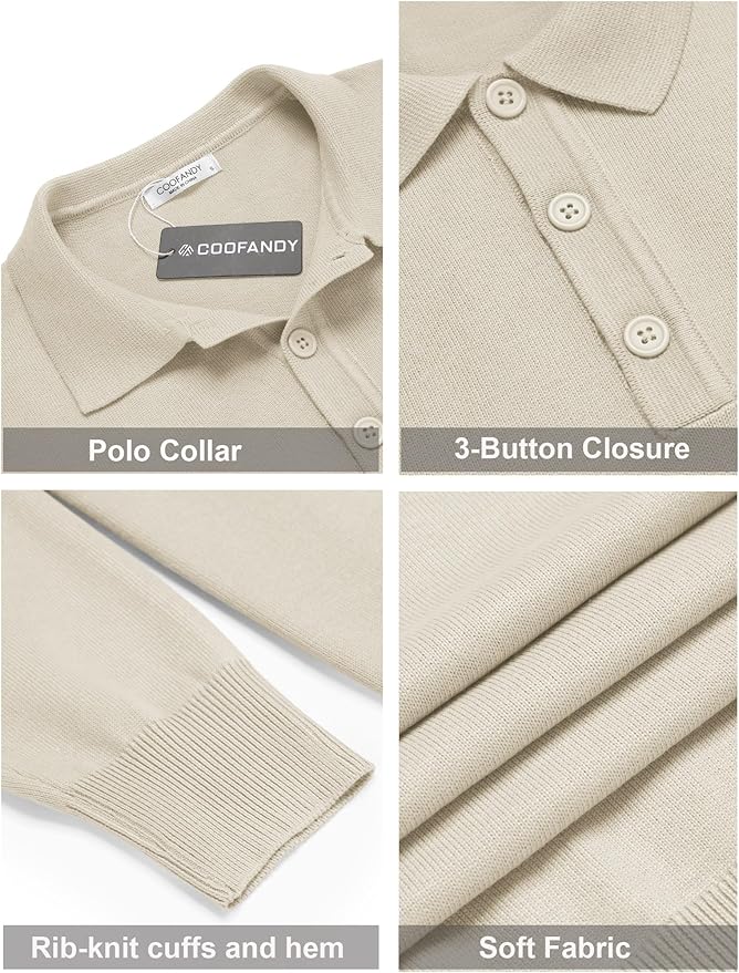 COOFANDY Long Sleeve Polo Shirts for Men Knit Polo Sweater Lightweight Ribbed Pullover Sweater Kiki of DC Styles Store
