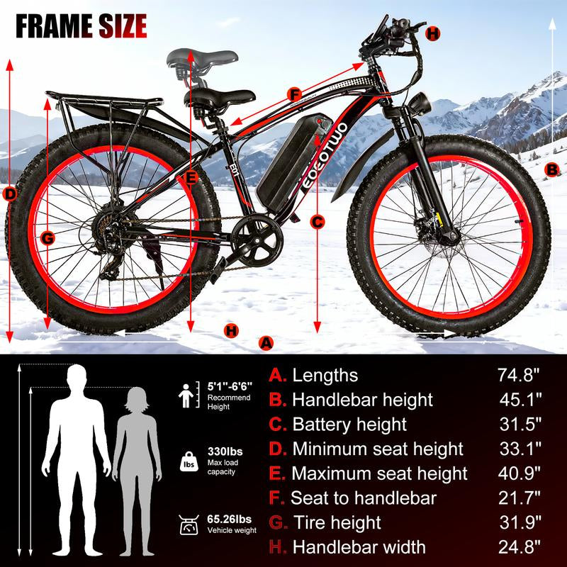 EOEOTWO 1500W Electric Bicycle - 30+ MPH, 70 Miles Range, 48V 15AH Battery, Front Suspension, 26" x 4.0" Tires for Snow & Mountain Riding