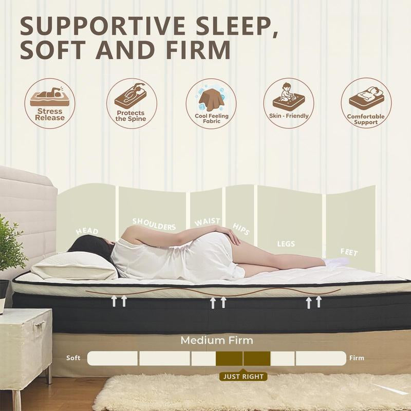 Hybrid Queen Size Cooling Gel Memory Foam Mattress, 10 Inch Soft Mattress with Independent Spring Support for Pressure Relief & Medium Firmness Ideal for Back Sleepers - Kiki of DC Styles Store