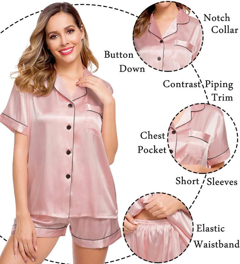 Womens Silk Satin Pajamas Short Sleeve Loungewear Two-Piece Sleepwear Pj Set D1 - Kiki of DC Styles Store
