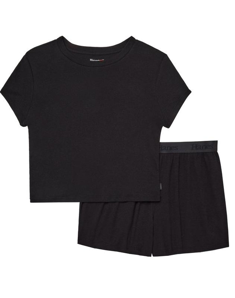 Hanes Originals Women's Supersoft Ribbed 2-Piece Lounge Set - Cropped Baby Doll Tee & Comfy Sleep Shorts