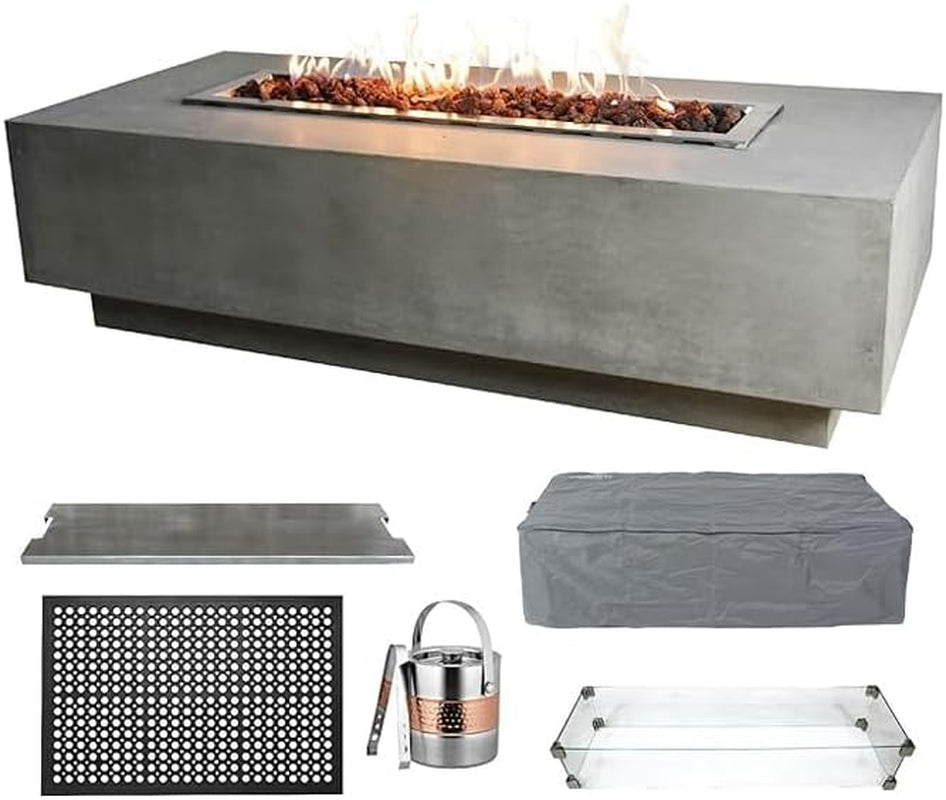 Granville 60" Modern Cast Concrete Fire Table - 45,000 BTU Natural Gas Fire Pit with Decorative Lava Rocks for Ultimate Outdoor Ambiance