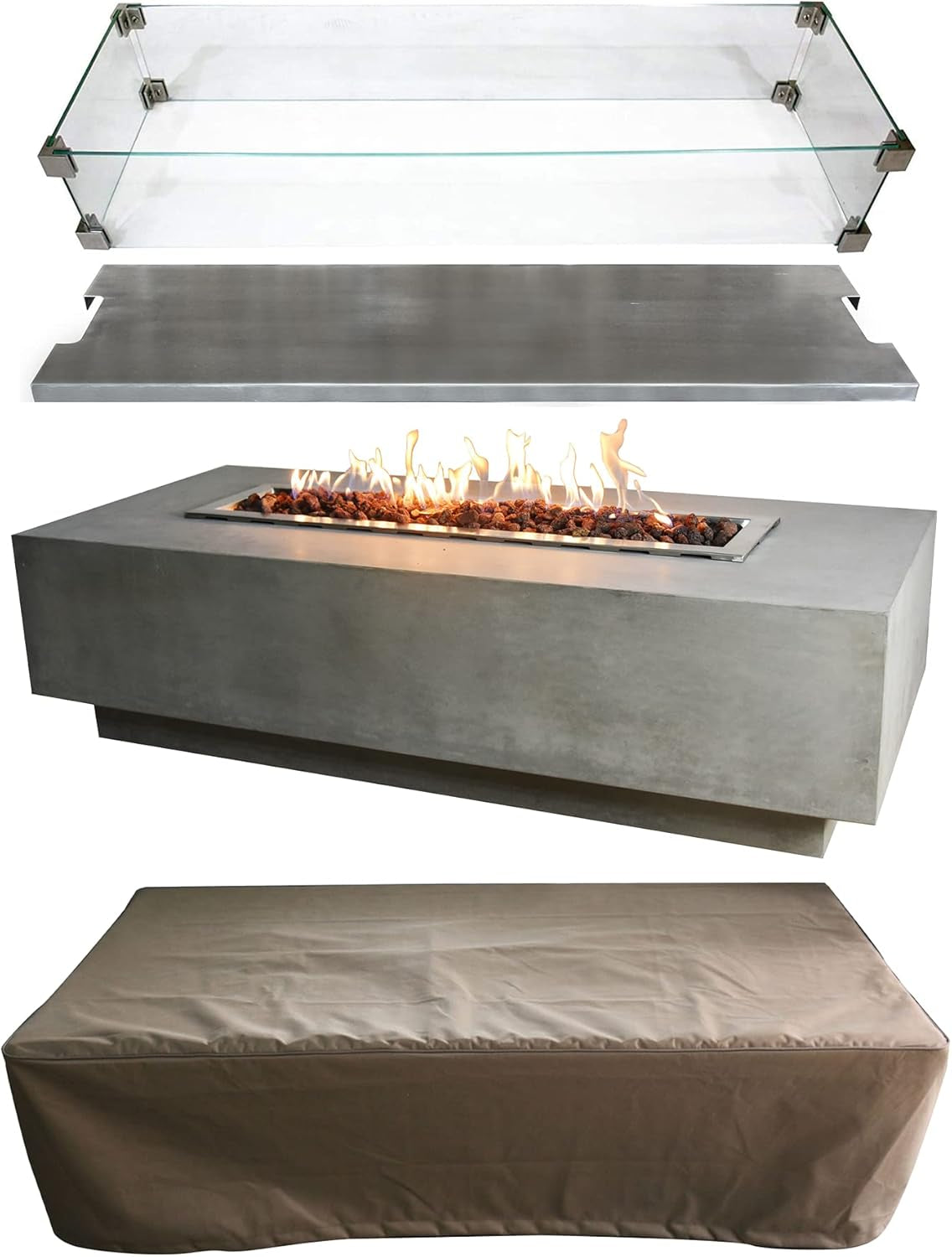 Granville 60" Modern Cast Concrete Fire Table - 45,000 BTU Natural Gas Fire Pit with Decorative Lava Rocks for Ultimate Outdoor Ambiance
