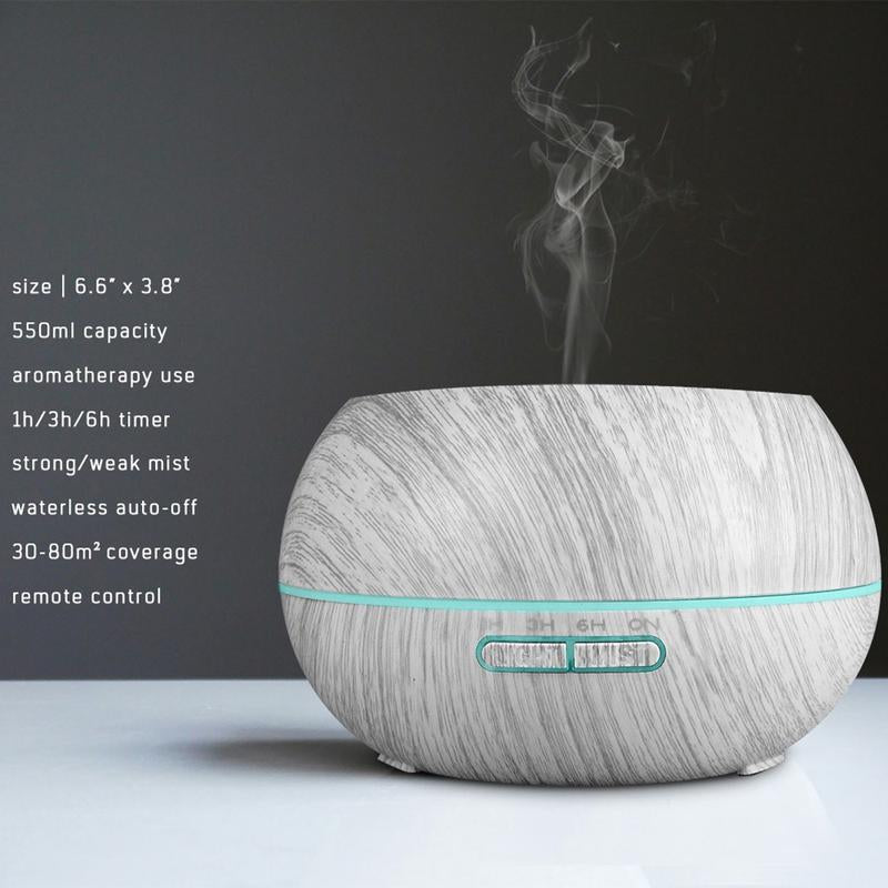 Family-Sized 550ml Ultrasonic Air Humidifier and Aroma Diffuser with Wood Grain Design, Remote Control, 7 LED Mood Lights, and 6 Essential Oils for Home Wellness and Aromatherapy - Kiki of DC Styles Store