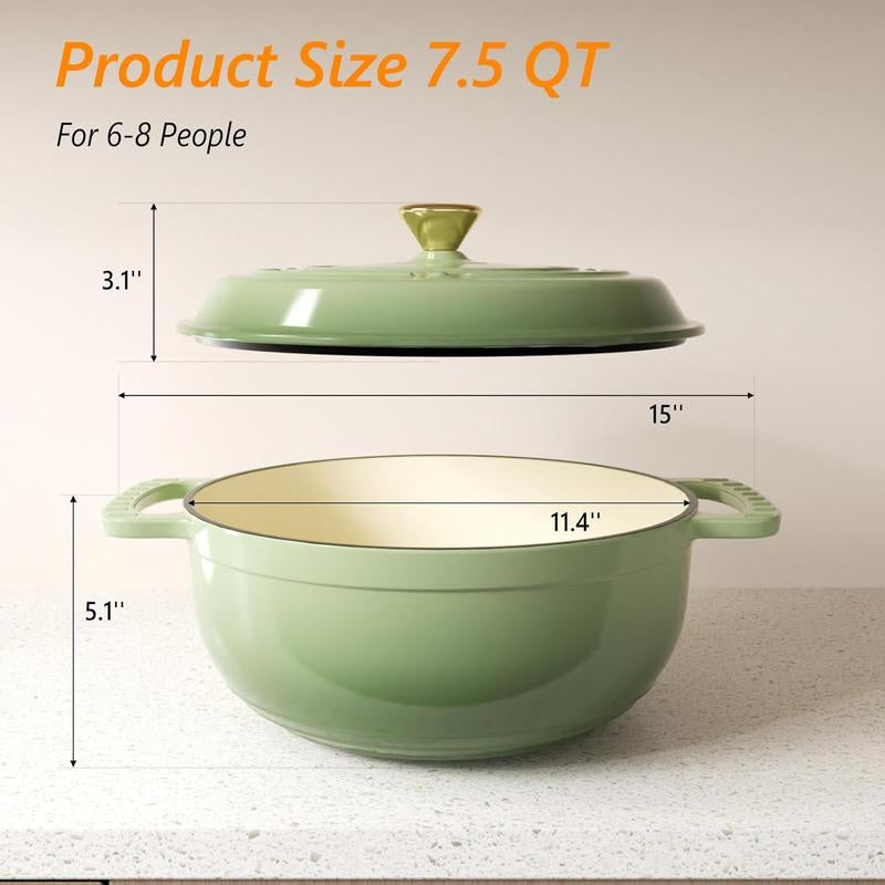 ROVSUN Enameled Cast Iron round Dutch Oven, 5/6/7.5QT Pot with Lid &Dual Handles with Silicone Gloves,Oven Safe up to 500°F, Heavy-Duty Pre-Seasoned Cookware for Bread Baking, Braising, Stews, Roasting, Sage Green - Kiki of DC Styles Store